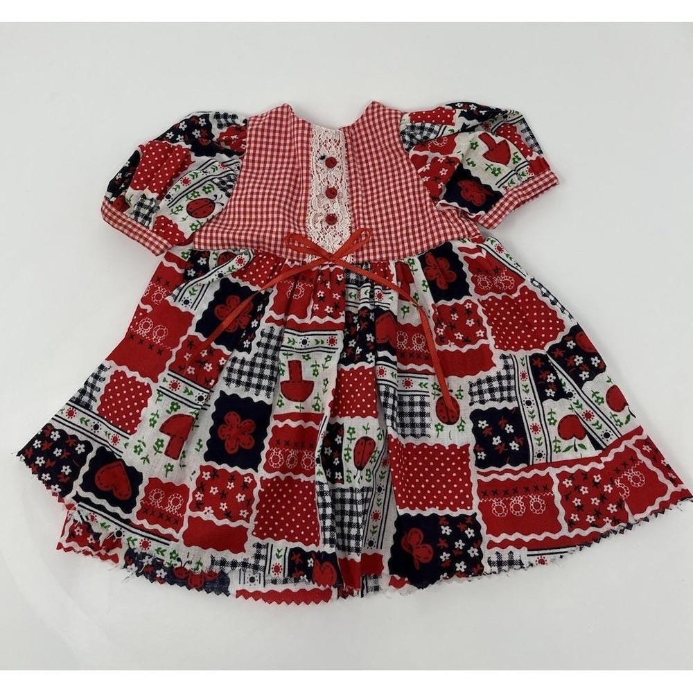 Vintage Handmade Doll Dress Red Gingham Patchwork Lace Trim